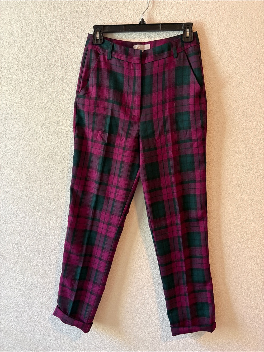 ASOS Berry and Forest Green Plaid Straight-Leg Pants